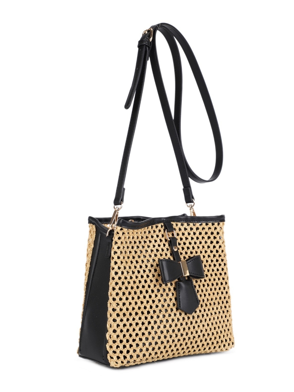 Black & Natural Woven Straw Crossbody Bag with Vegan Leather Accents & Bow